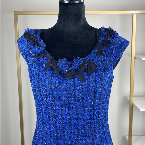 Kay Unger Stunning Blue Tweed Sleeveless Dress with Ribbon Detail Ladies Size 8 - Picture 3 of 9